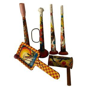 US Metal Toy Mfg. USA Vintage 6 New Years Eve Noisemakers